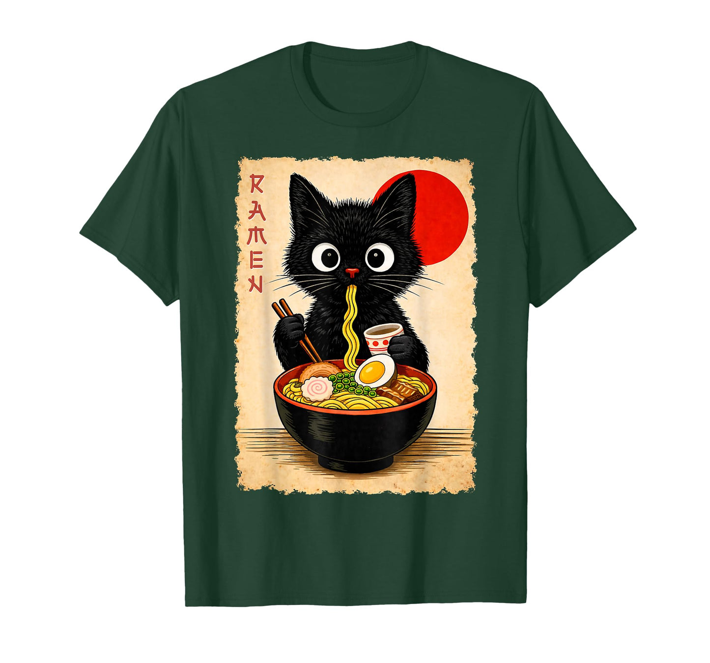 Cute Black Cat Eating Ramen Artwork Print Anime Style Wall T-Shirt