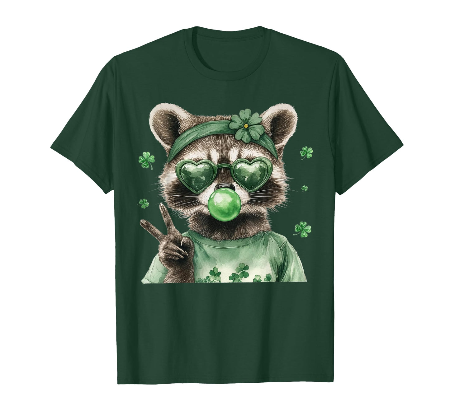 Raccoon Blowing Bubblegum Irish Shamrock St. Patricks Day T-Shirt
