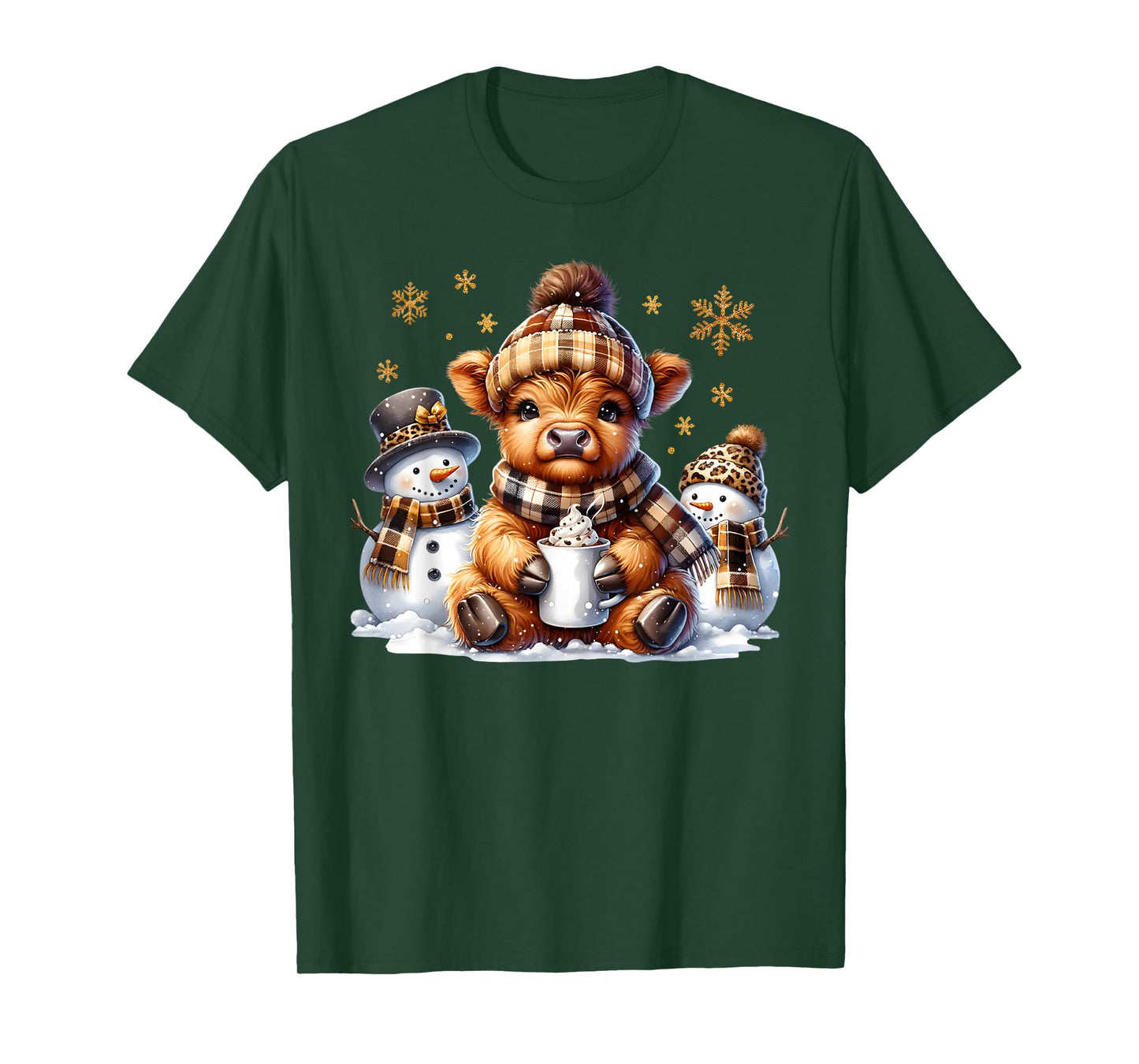 Funny Xmas Merry Cows Cute Highland Cow Christmas Snowman T-Shirt
