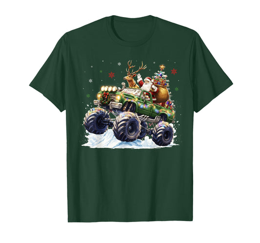 Reindeer Santa Riding Monster Truck Christmas Tree Men Boy T-Shirt