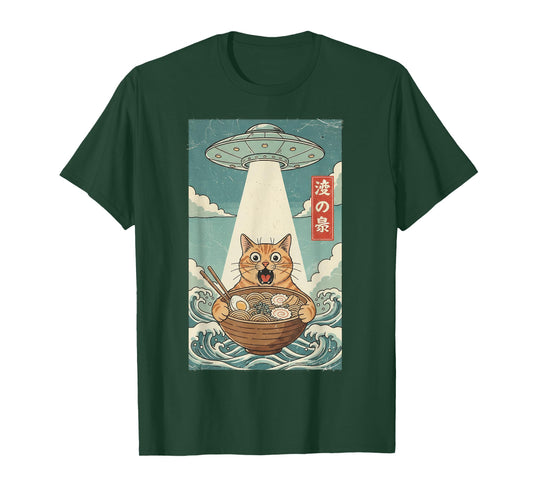 Anime Cat Eating Ramen and UFO Japanese Art Graphic Cat T-Shirt