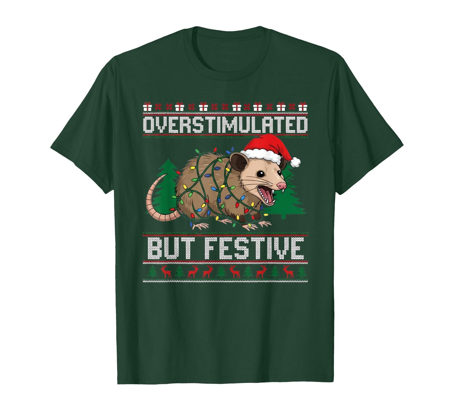 Overstimulated But Festive Possum Christmas Pajamas Ugly T-Shirt