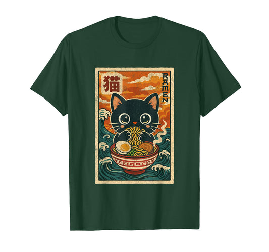 Cute Retro Vintage Japanese Anime Funny Kawaii Ramen Cat T-Shirt