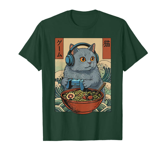 Cute Kawaii Gamer Cat Funny Ramen Retro Japanese Cat Gaming T-Shirt