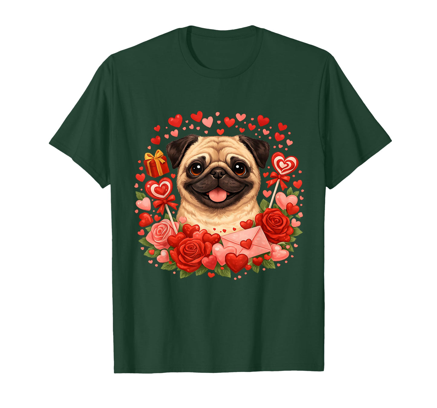 Cute Pug Valentine Day Hearts Roses T-Shirt