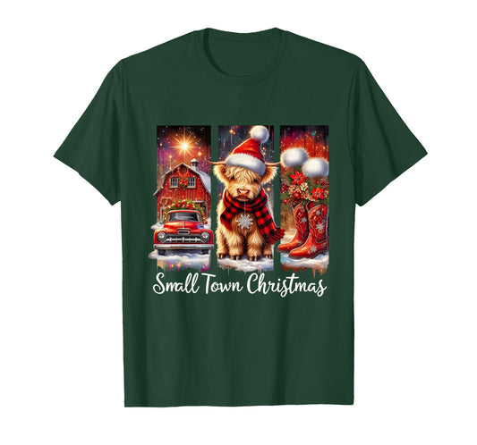 Small Town Christmas Highland Cow Western Art T-Shirt