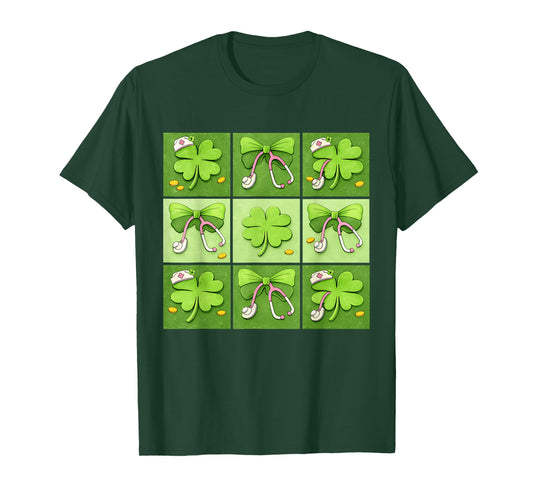 Cute Coquette Bow Shamrocks Nurses St. Patrick's Day Girls T-Shirt