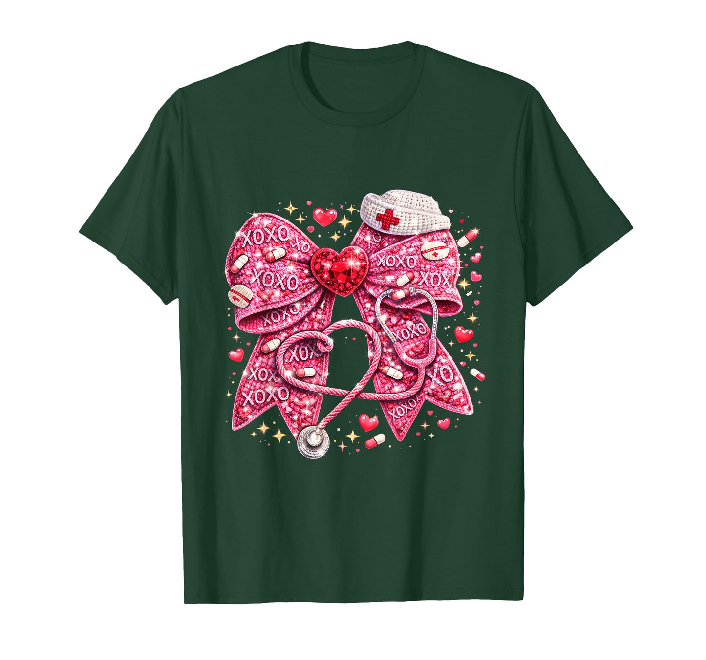 Sparkly Nurse Valentine Bow Design Cute Medical Love Art T-Shirt