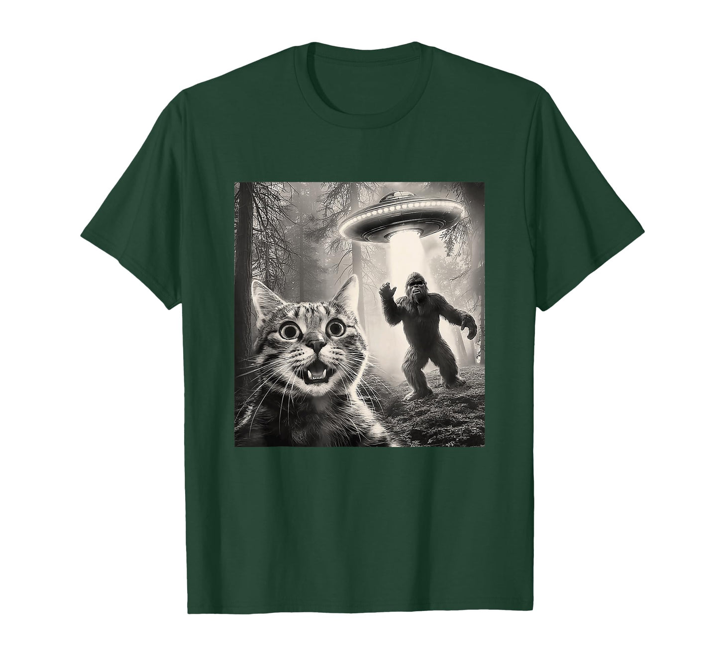 Cat Selfie Forest Trees Alien UFO Bigfoot Humor Sasquatch T-Shirt