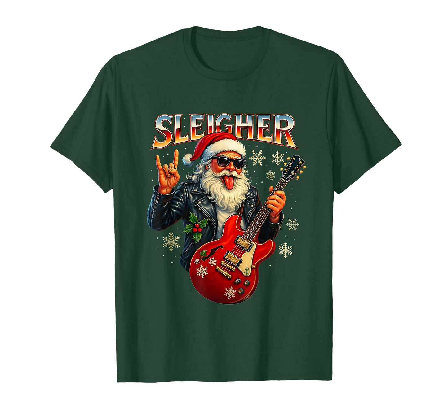 Sleigher Rock Santa Funny Metal Christmas Design T-Shirt