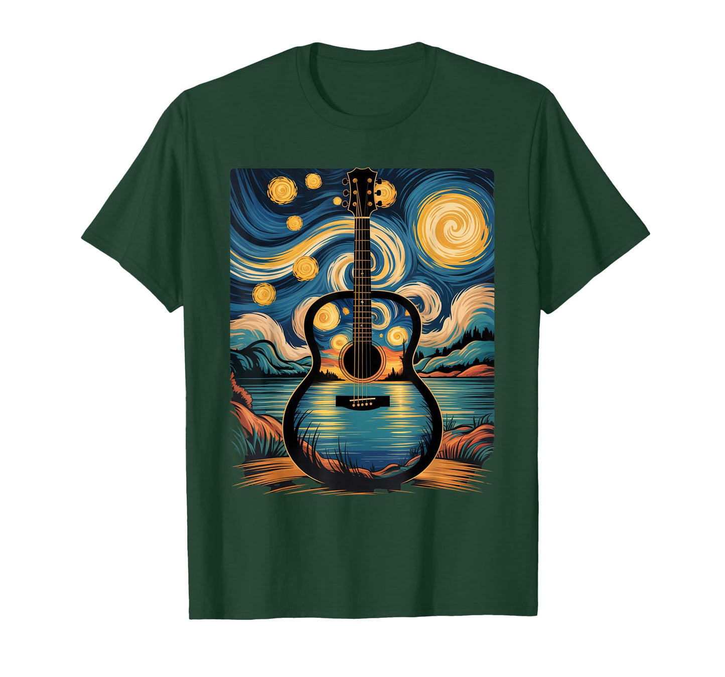 Guitar Lake Starry Night Music Guitarist Van Gogh Funny Gift T-Shirt