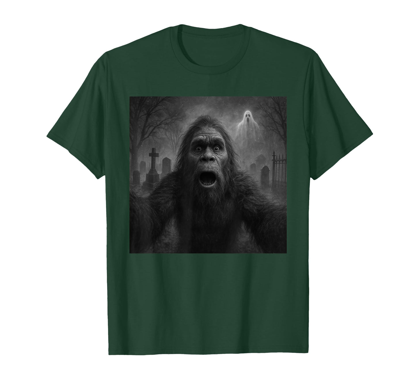 Funny Bigfoot Selfie with Ghost Scared Sasquatch Halloween T-Shirt