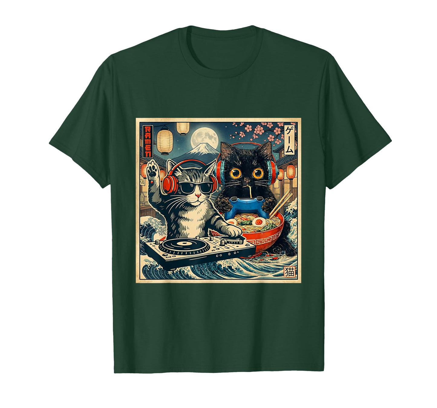 Dj Cat Vintage Style Music Black Cat Anime Ramen Japanese T-Shirt