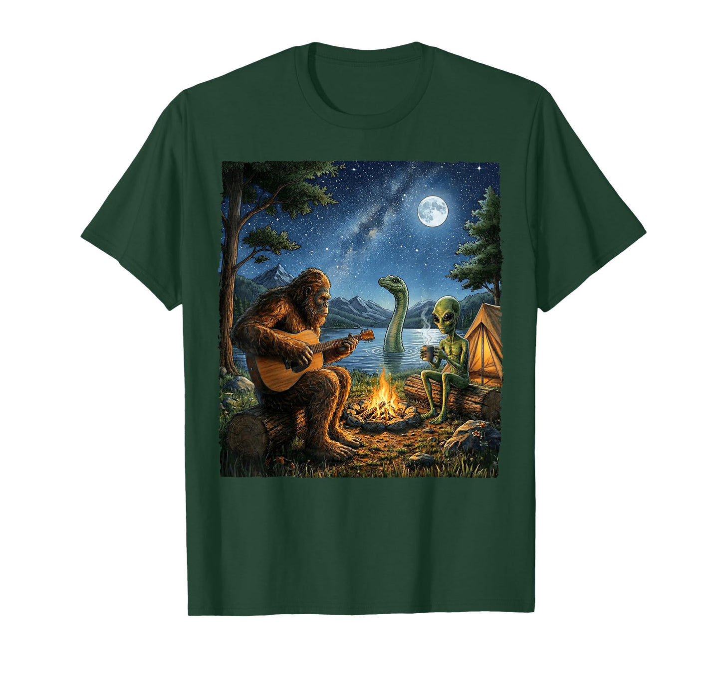 Bigfoot and Alien Loch Ness Campfire Sasquatch Funny Camping T-Shirt