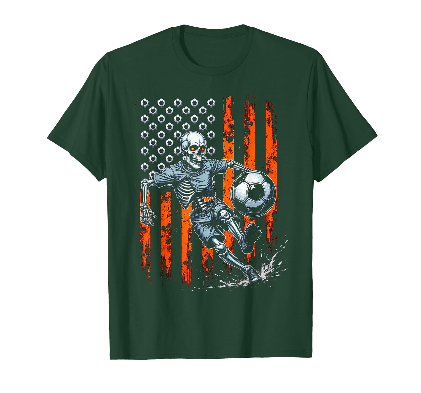 Retro Skeleton Playing Soccer USA Flag Spooky Halloween 2025 T-Shirt