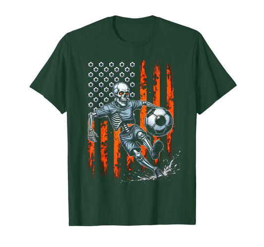 Retro Skeleton Playing Soccer USA Flag Spooky Halloween 2025 T-Shirt