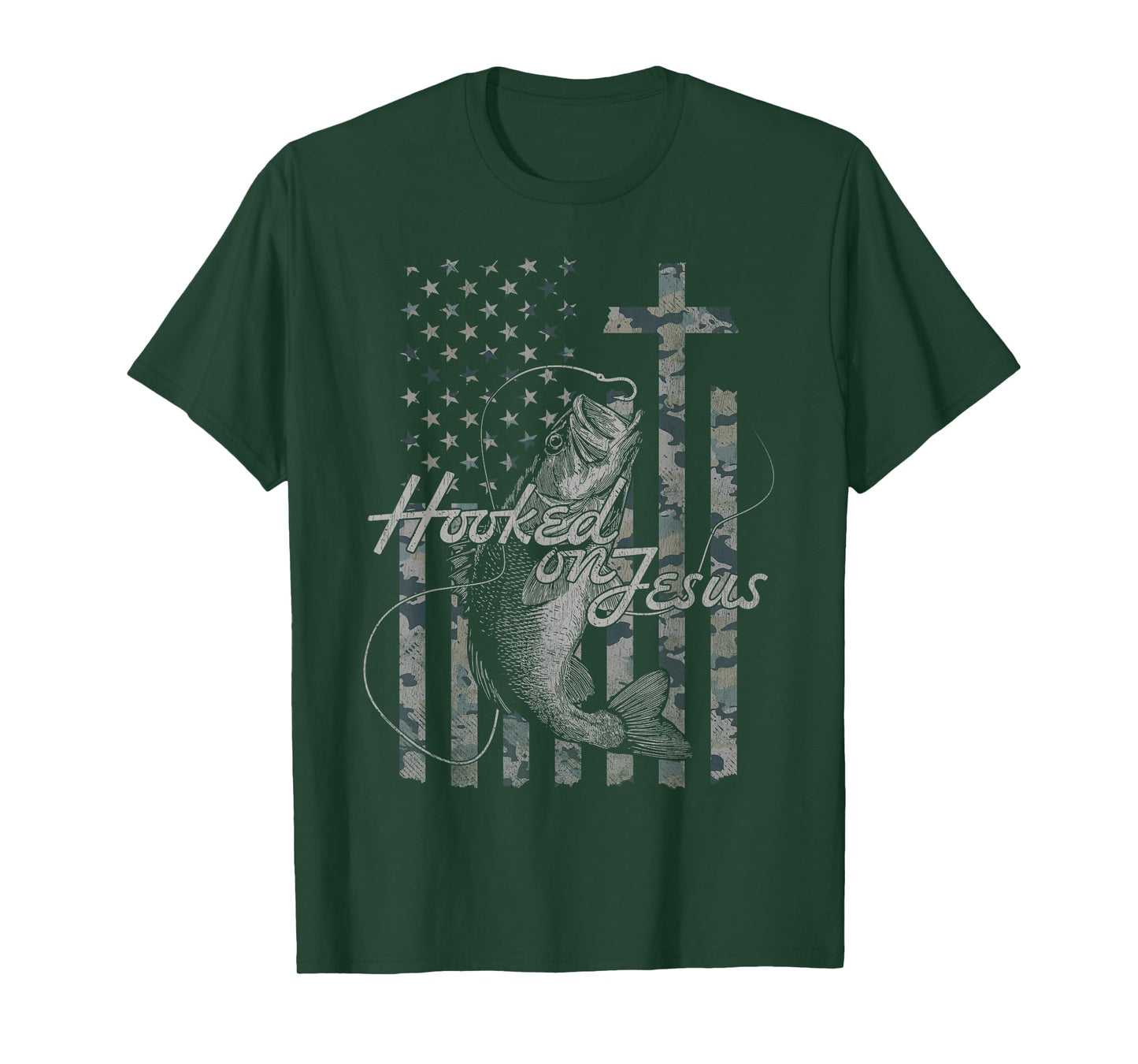 Hooked on Jesus Christian American Flag Fishing T-Shirt