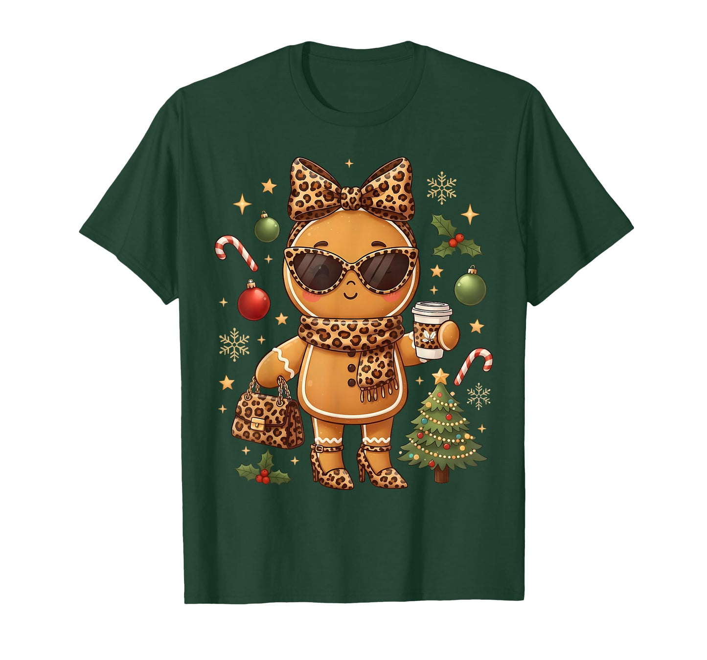 Cute Gingerbread Leopard Christmas Xmas Girl Women T-Shirt