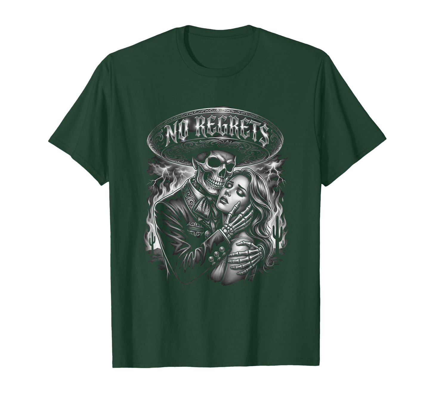 Chicano Skeleton No Regrets Sombrero Tattoo Style T-Shirt