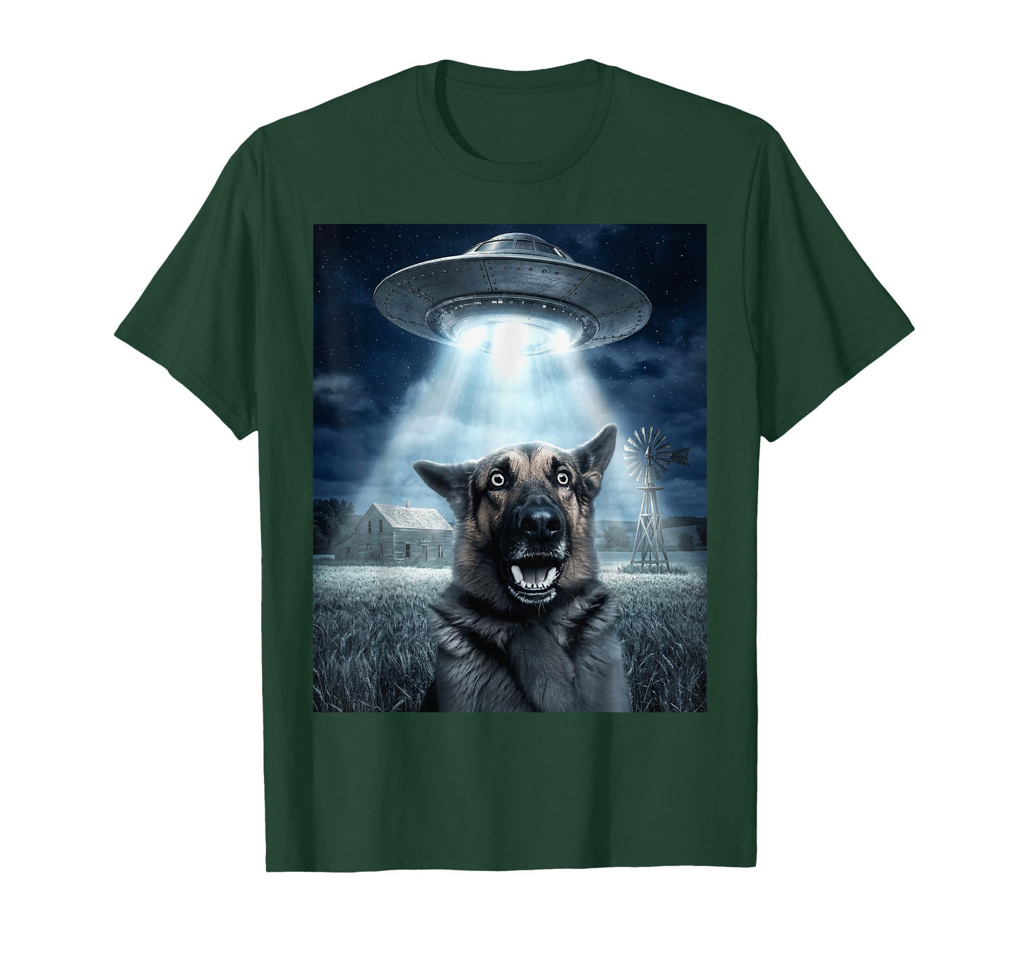 Scared German Shepherd Alien Beam UFO Farm Night T-Shirt