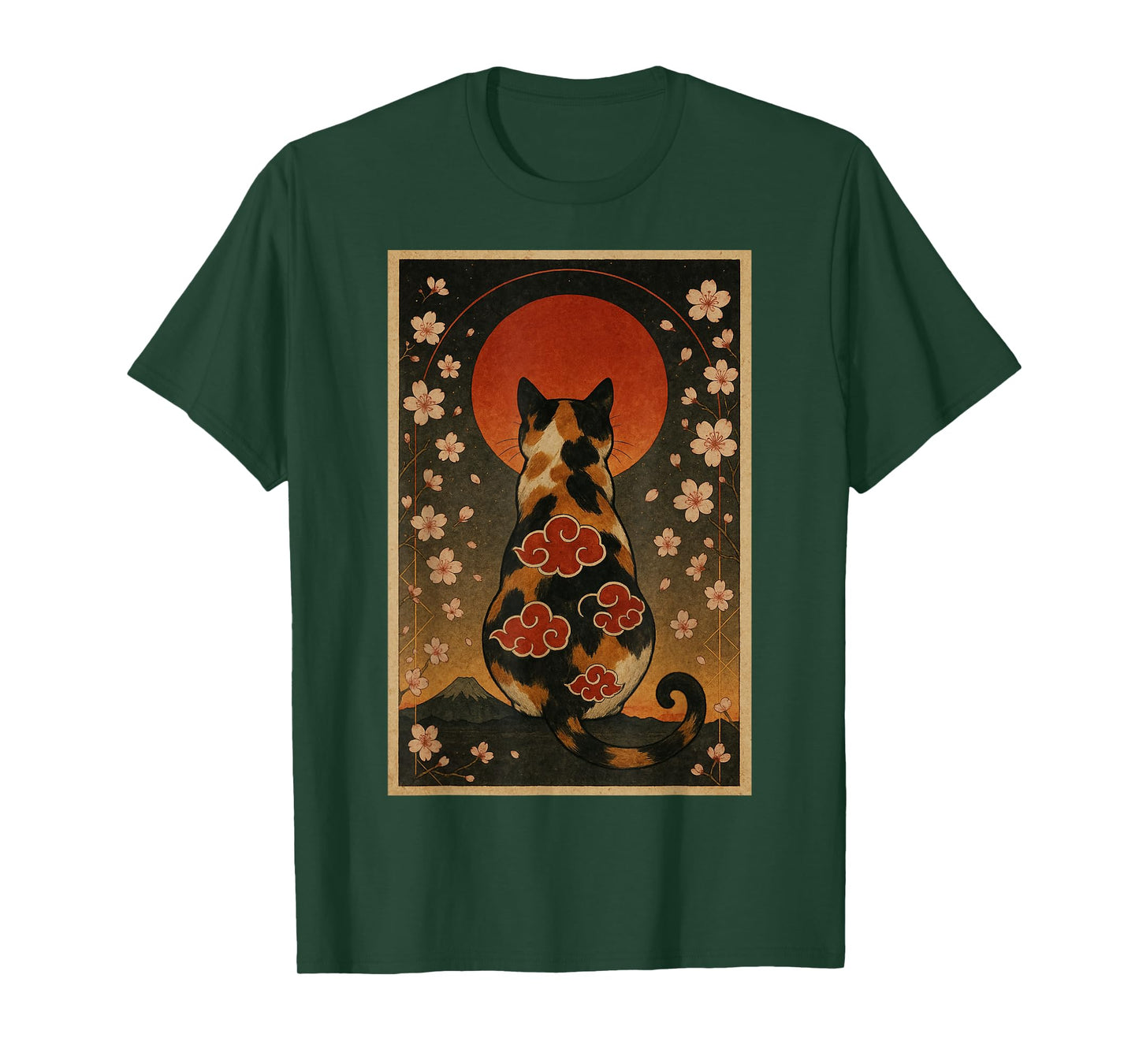Calico Cat Sakura Sunset Japanese Style Art Vintage Floral T-Shirt