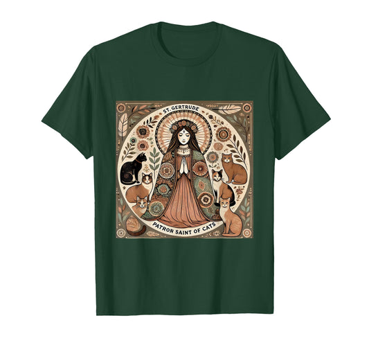 Saint Gertrude Patron St of Cats Folk Art T-Shirt