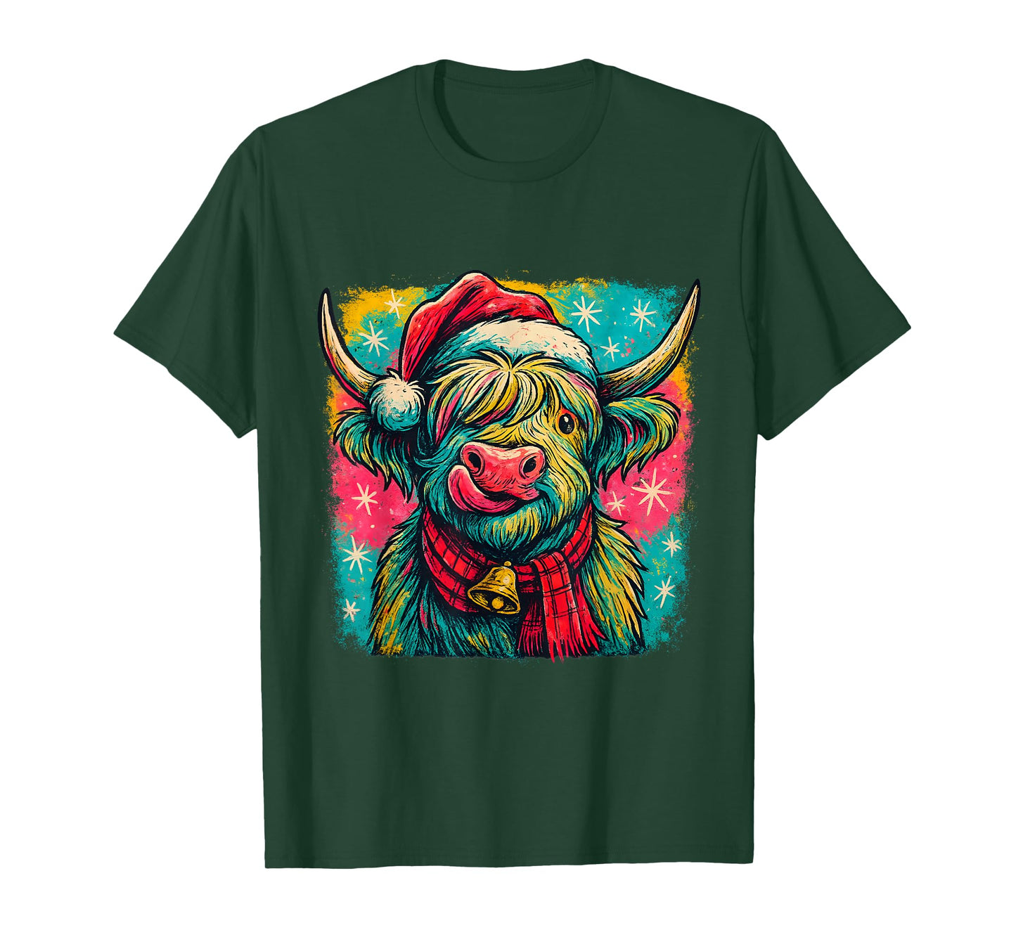 Colorful Highland Cow Christmas Plaid Bell Holiday Art T-Shirt