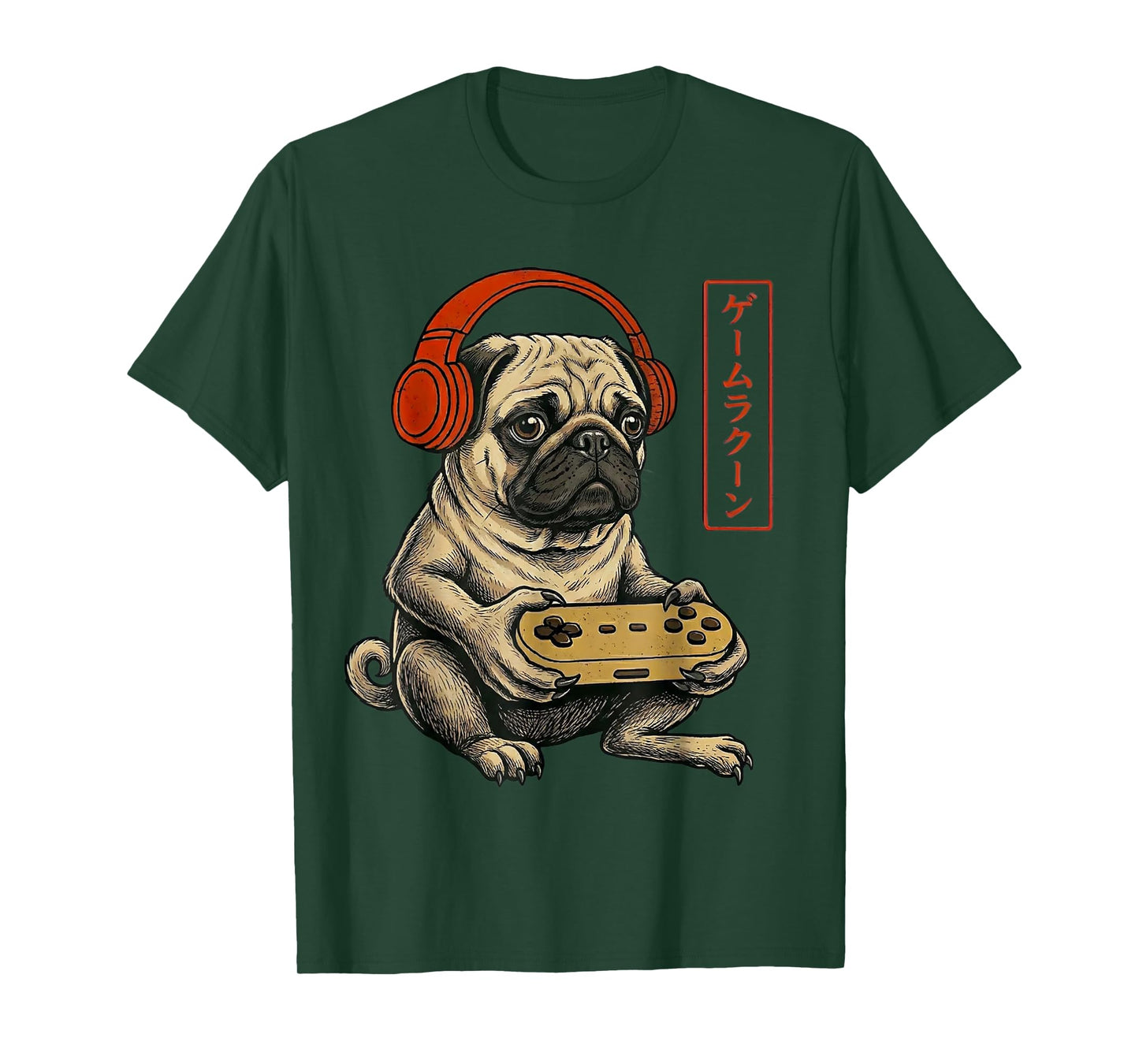 Japanese Gamer Pug Dog Art Men Women Boys Funny Gaming T-Shirt