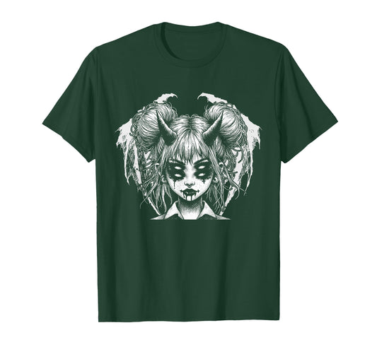 Satanic Devil Halloween Horned Girl Goth Glitch T-Shirt