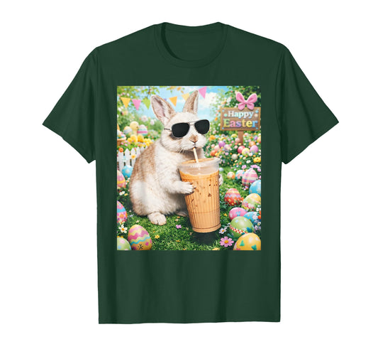Rabbit Drinking Iced Coffee Funny Easter Bunny Men Women T-Shirt