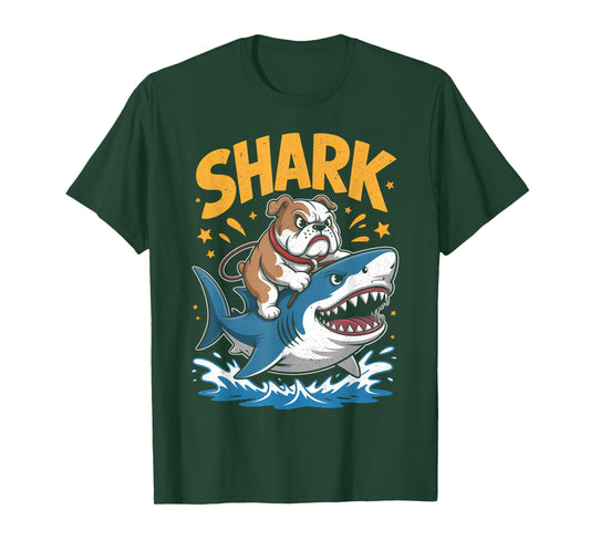 English Bulldog Riding Shark Space Galaxy Jawsome T-Shirt