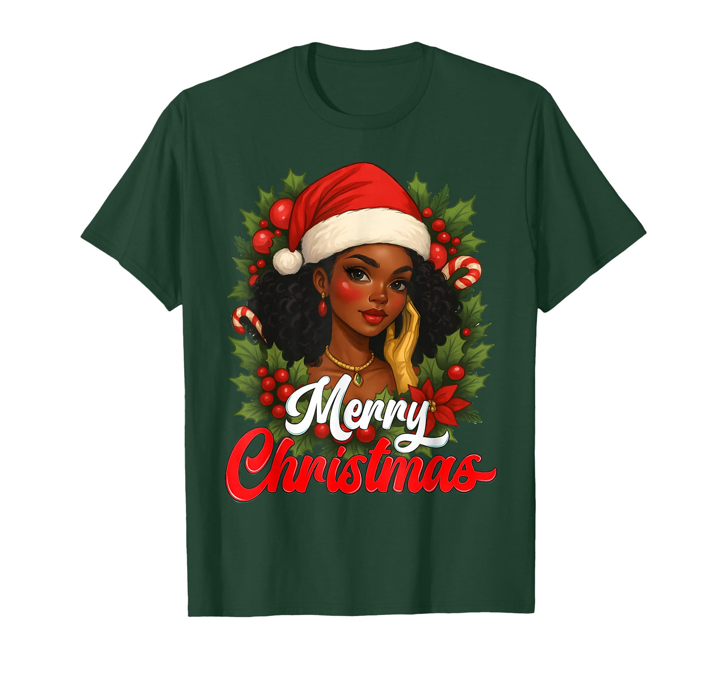 Black Girl Santa Hat Merry Christmas Pajama African American T-Shirt