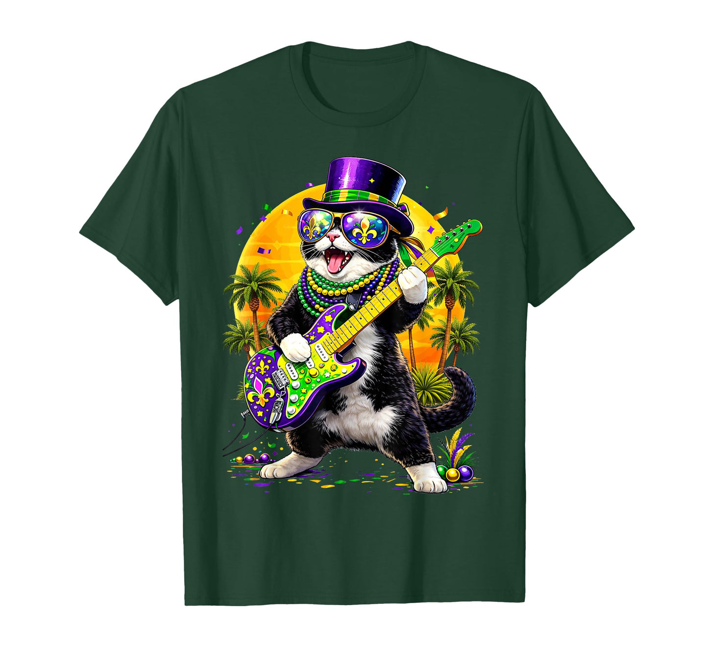 Funny Cat Playing Guitar Mardi Gras Men Women Teens Kids T-Shirt