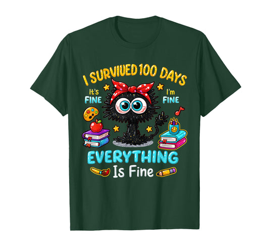 I Survived 100 Days Black Cat Funny 100 Days Teacher Student T-Shirt