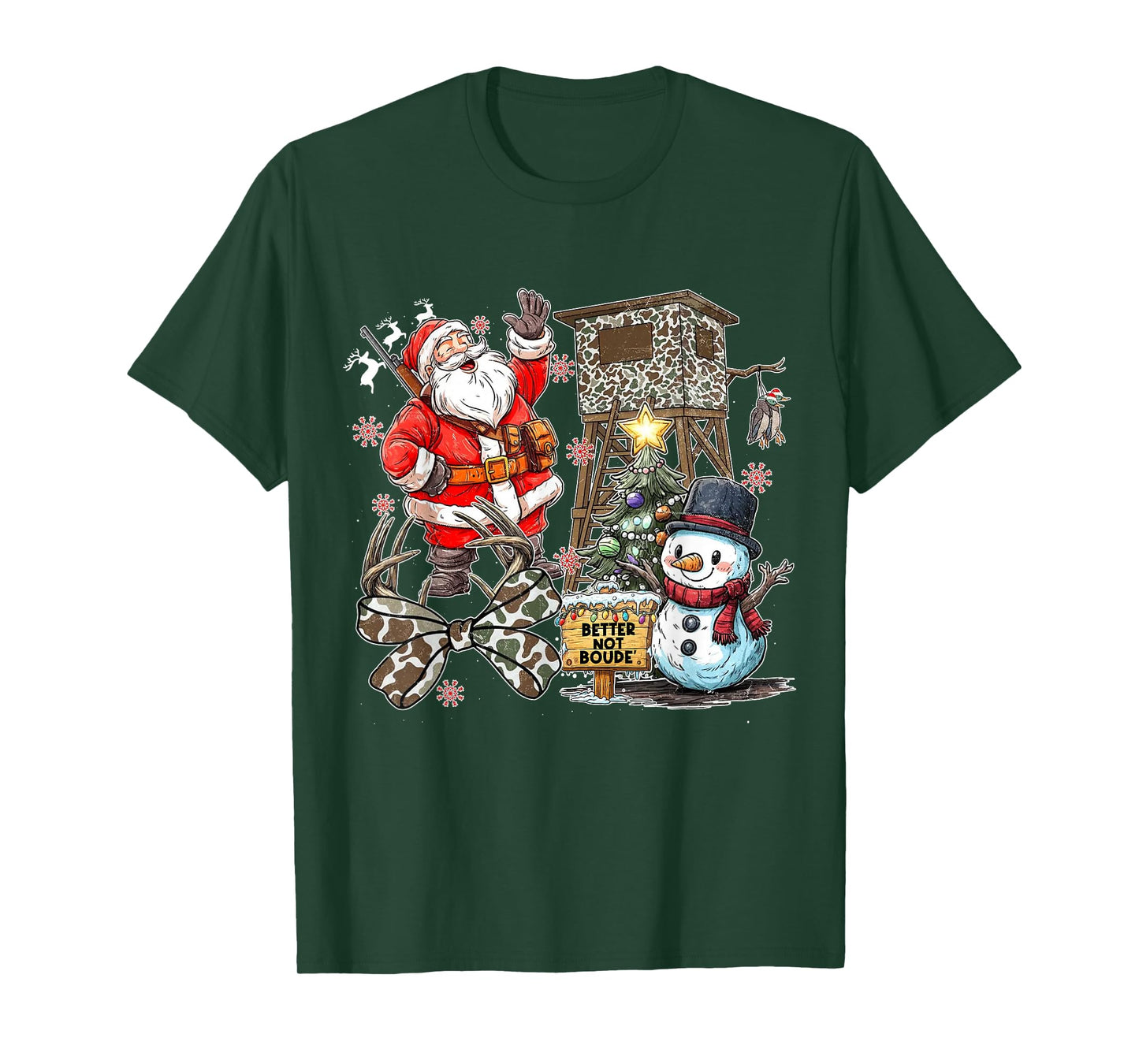 Camo Santa Hunting Coquette Bow Better Not Boude' Christmas T-Shirt