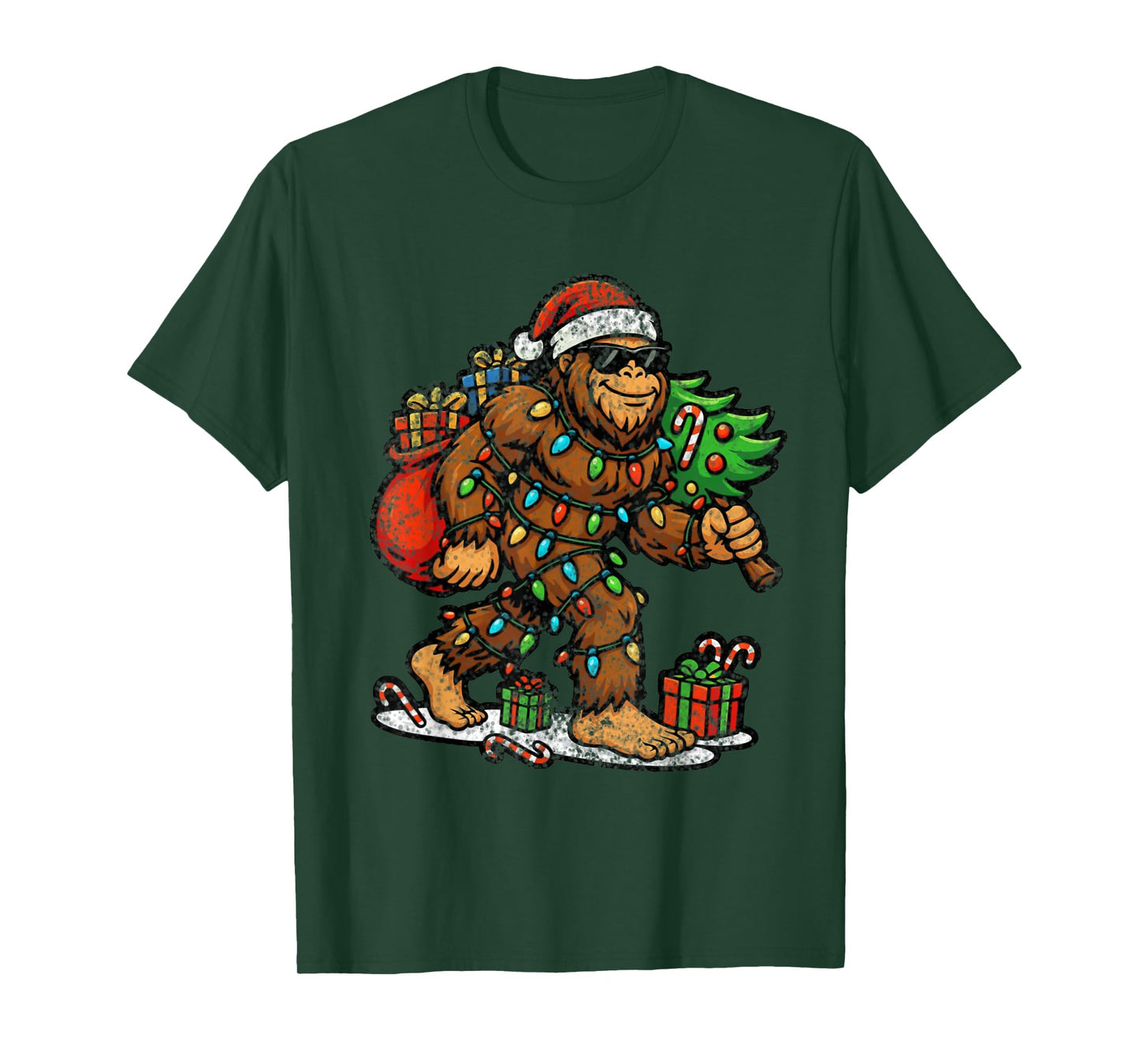 Santa Bigfoot Christmas Tree Xmas Lights Funny Sasquatch T-Shirt