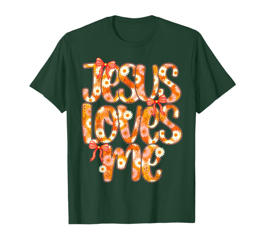 Jesus Loves Me Daisy Bow Christian Women Girl Kid Religious T-Shirt