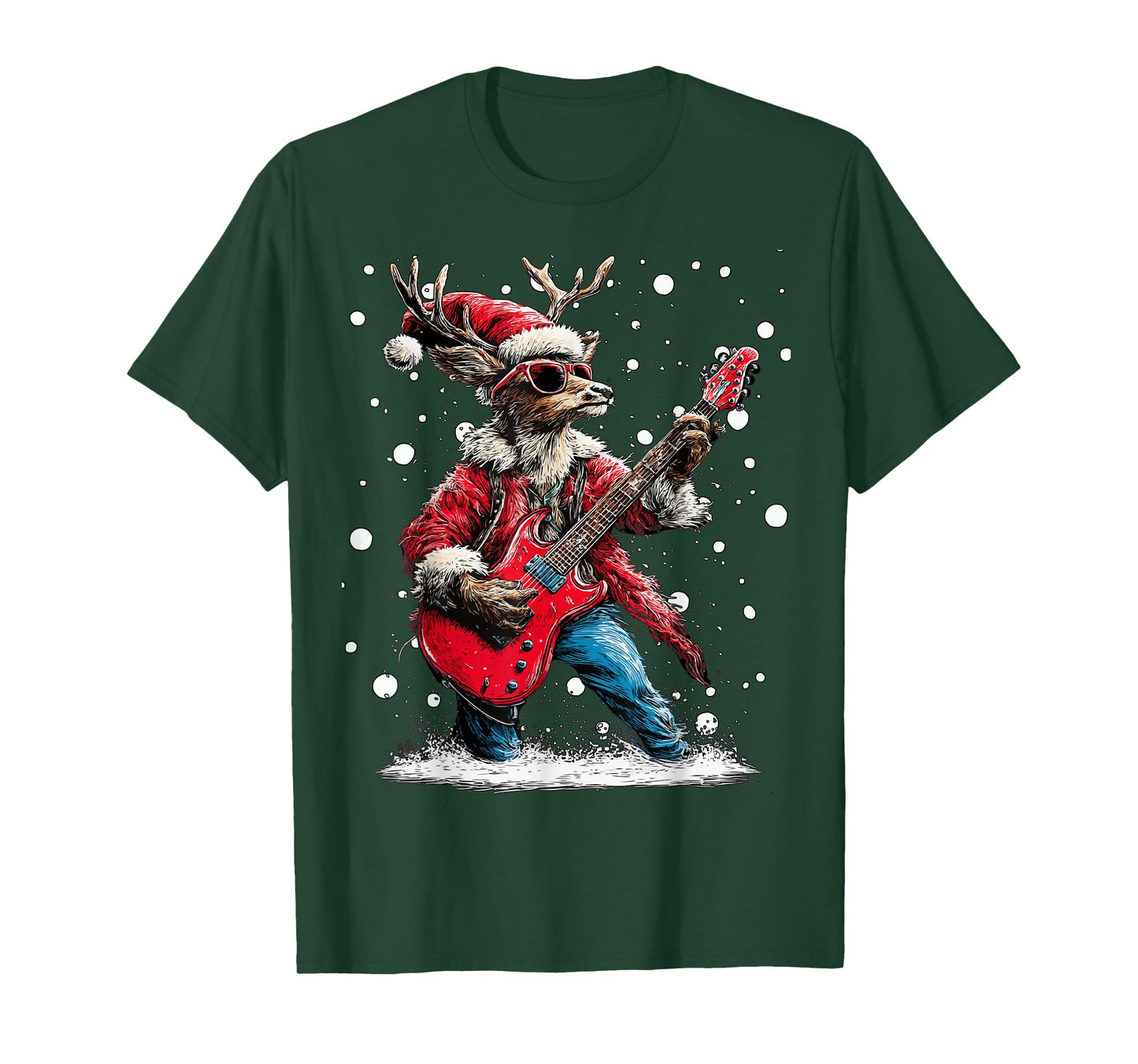 Christmas Deer Playing Guitar Funny Musician Animal Music T-Shirt