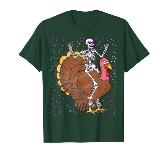 Skeleton Riding Turkey Thanksgiving Day Fall Autumn T-Shirt