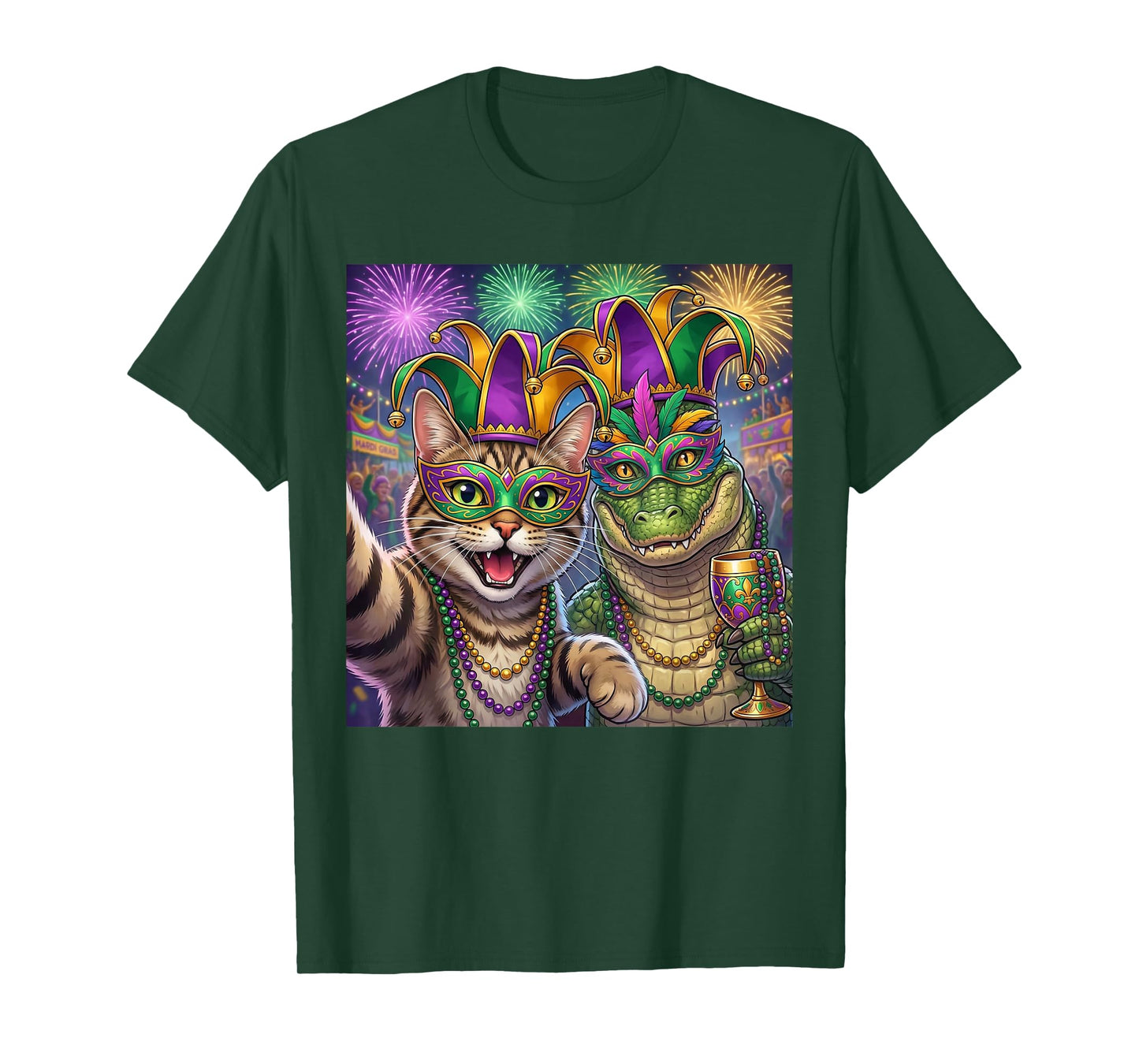 Funny Cat Alligator Selfie Mardi Gras Carnival Party Art T-Shirt