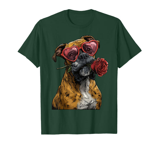Cute Boxer with Heart Glasses Rose Valentine's Day Dog T-Shirt