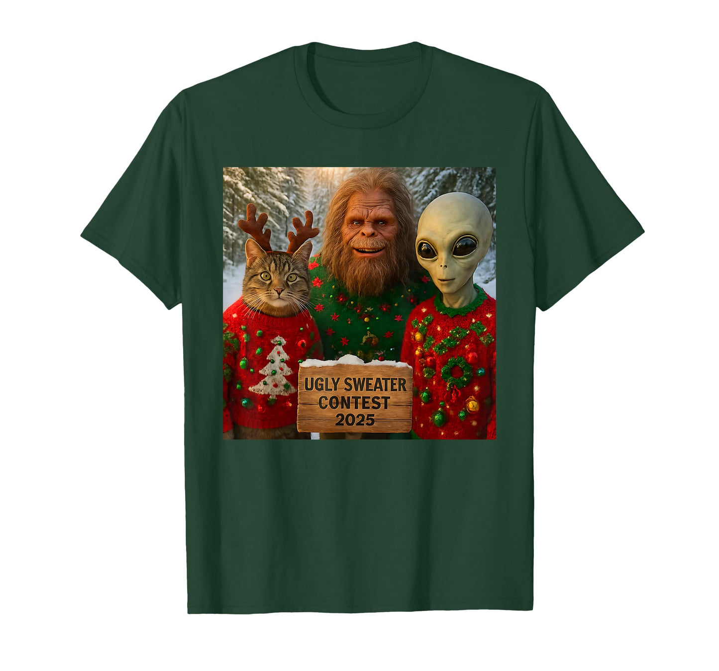 Funny Christmas Cat Selfie with Bigfoot Alien Ugly Sweater T-Shirt