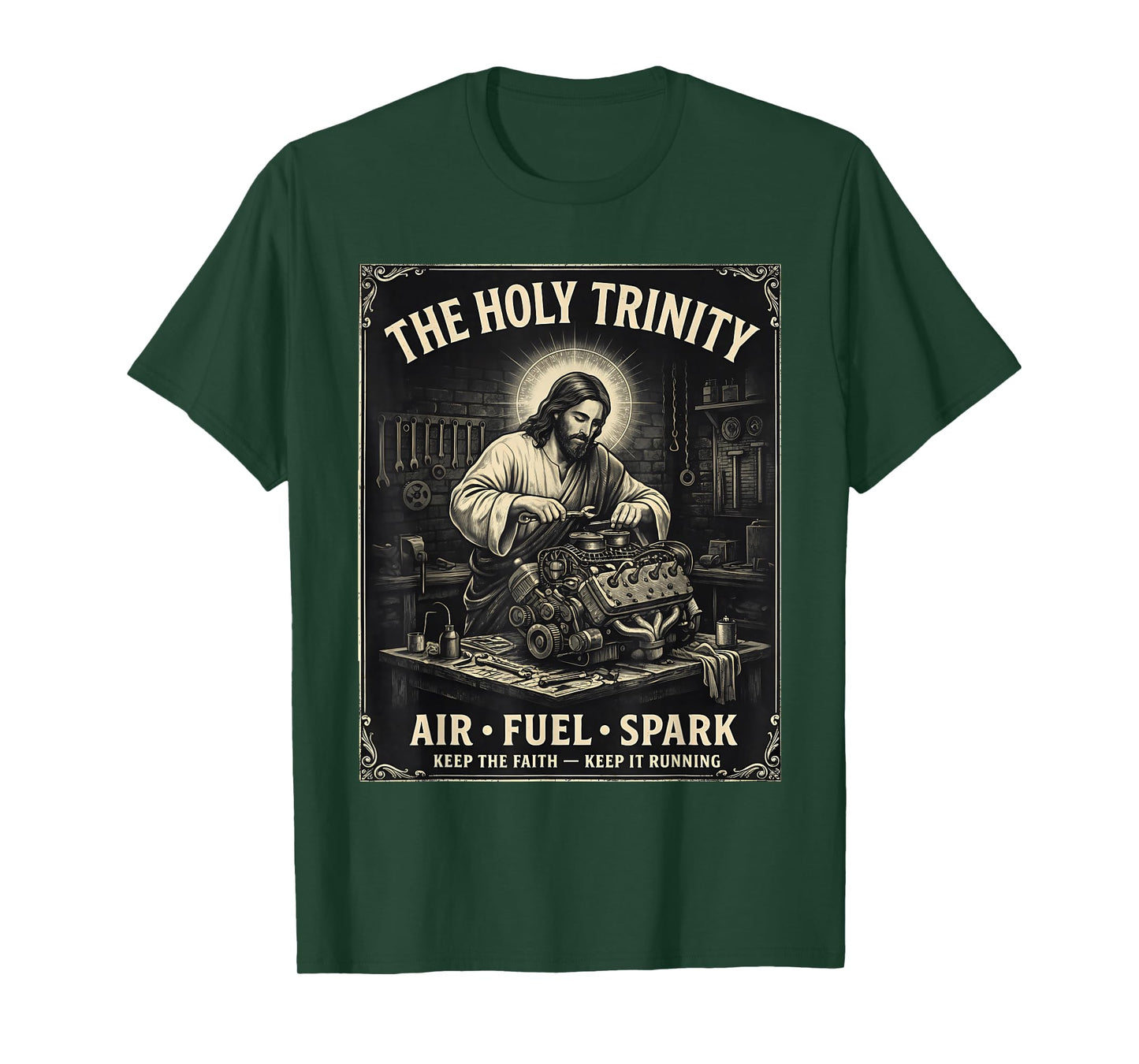 The Holy Trinity Air Fuel Spark Mechanic Jesus Humor T-Shirt