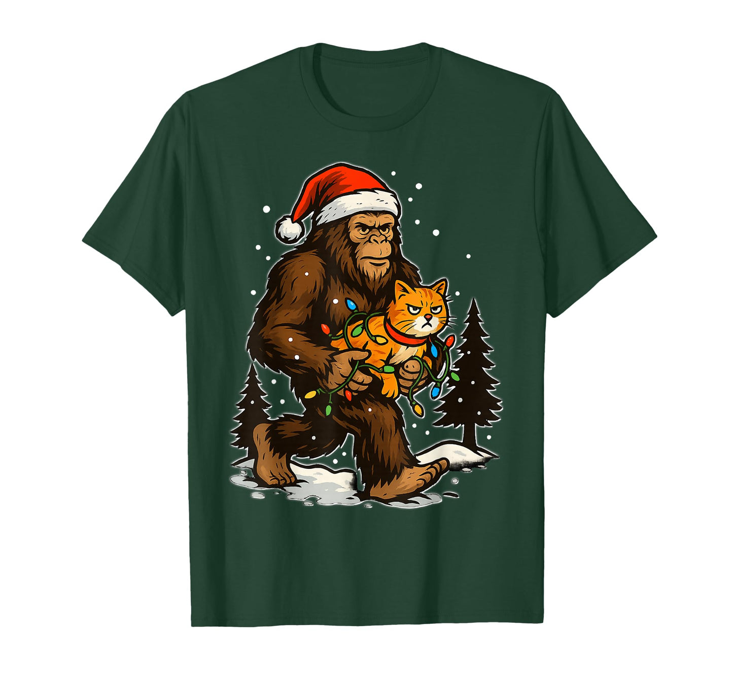 Christmas Bigfoot with Cat and Lights Santa Hat Funny Xmas T-Shirt
