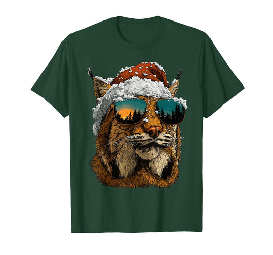 Bobcat with Sunglasses Snow Santa Hat Snowy Christmas Animal T-Shirt