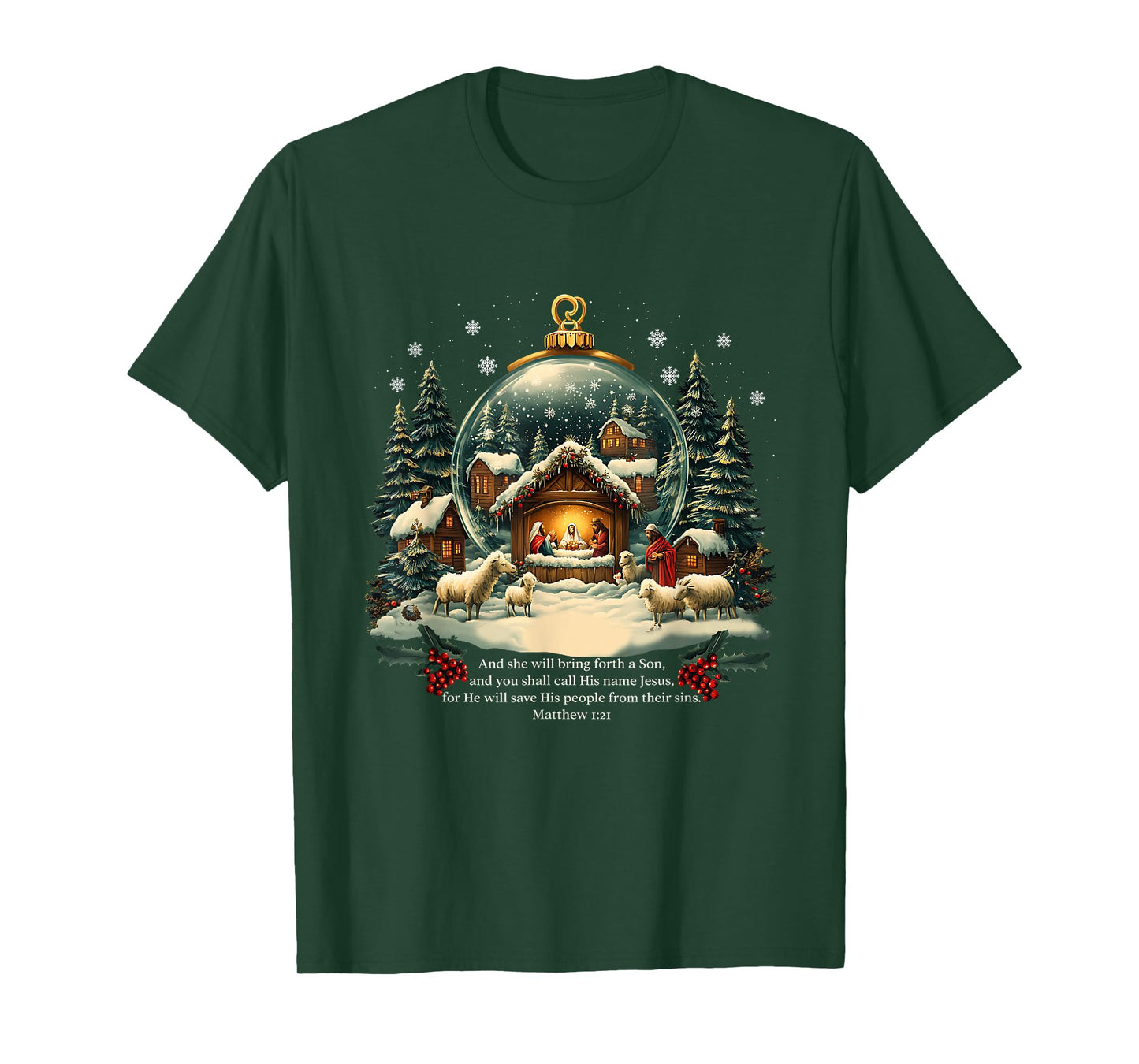 Nativity Ornament Christmas Scene Matthew 1:21 T-Shirt
