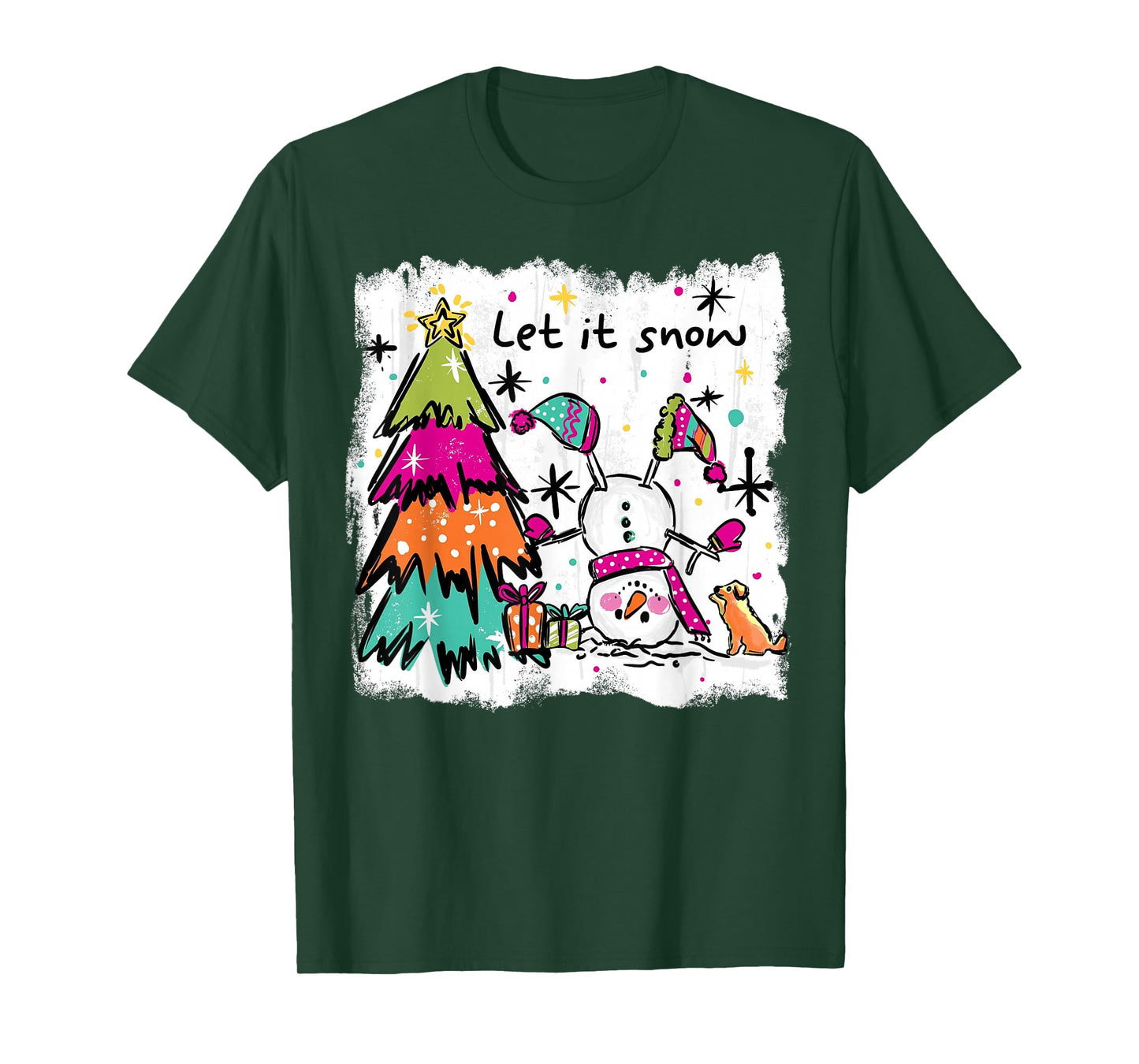 Funny Christmas Snowman Tree Let It Snow Retro Design T-Shirt