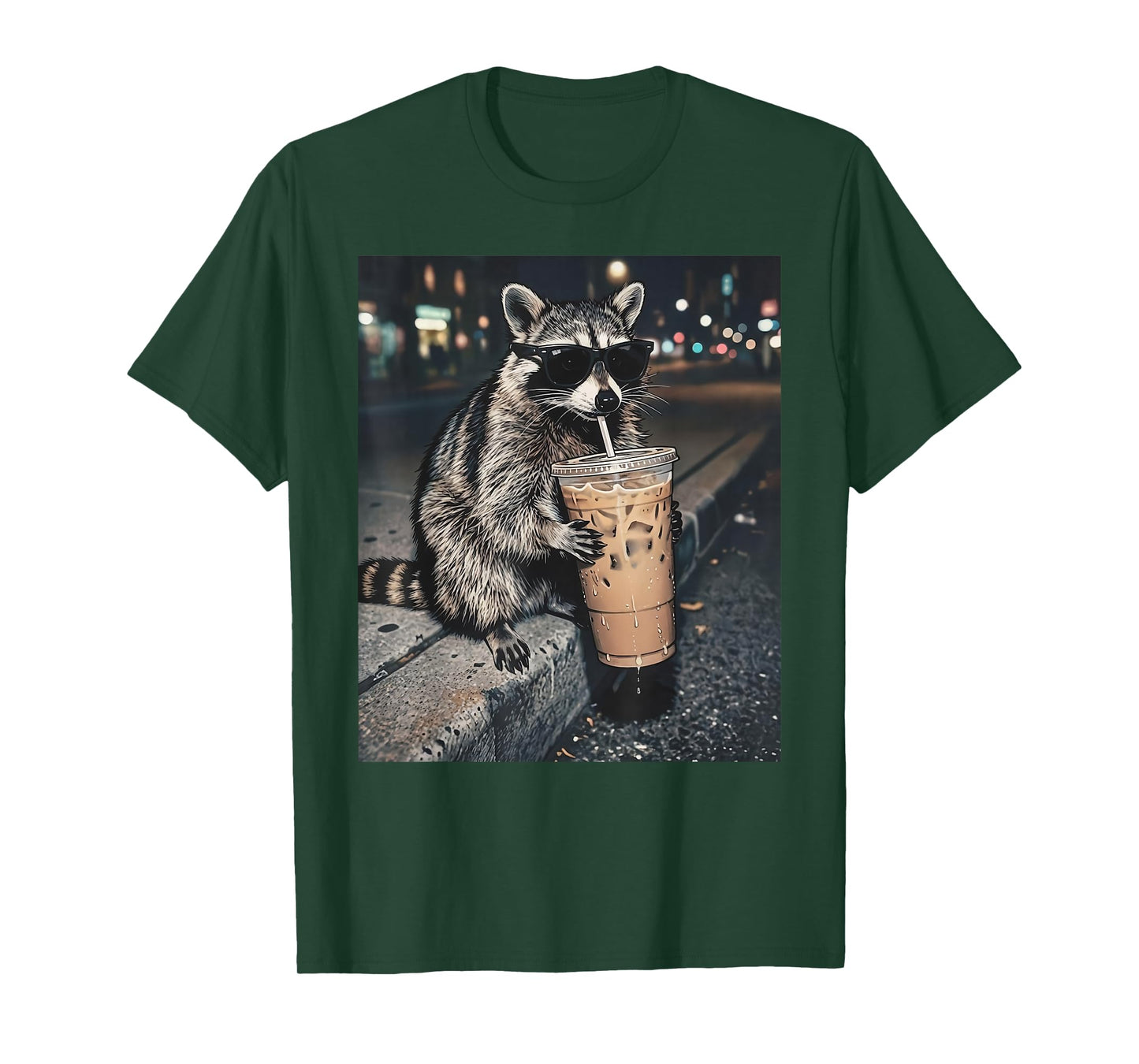 Raccoon Drinking Iced Coffee Funny Animal Meme Men Women T-Shirt