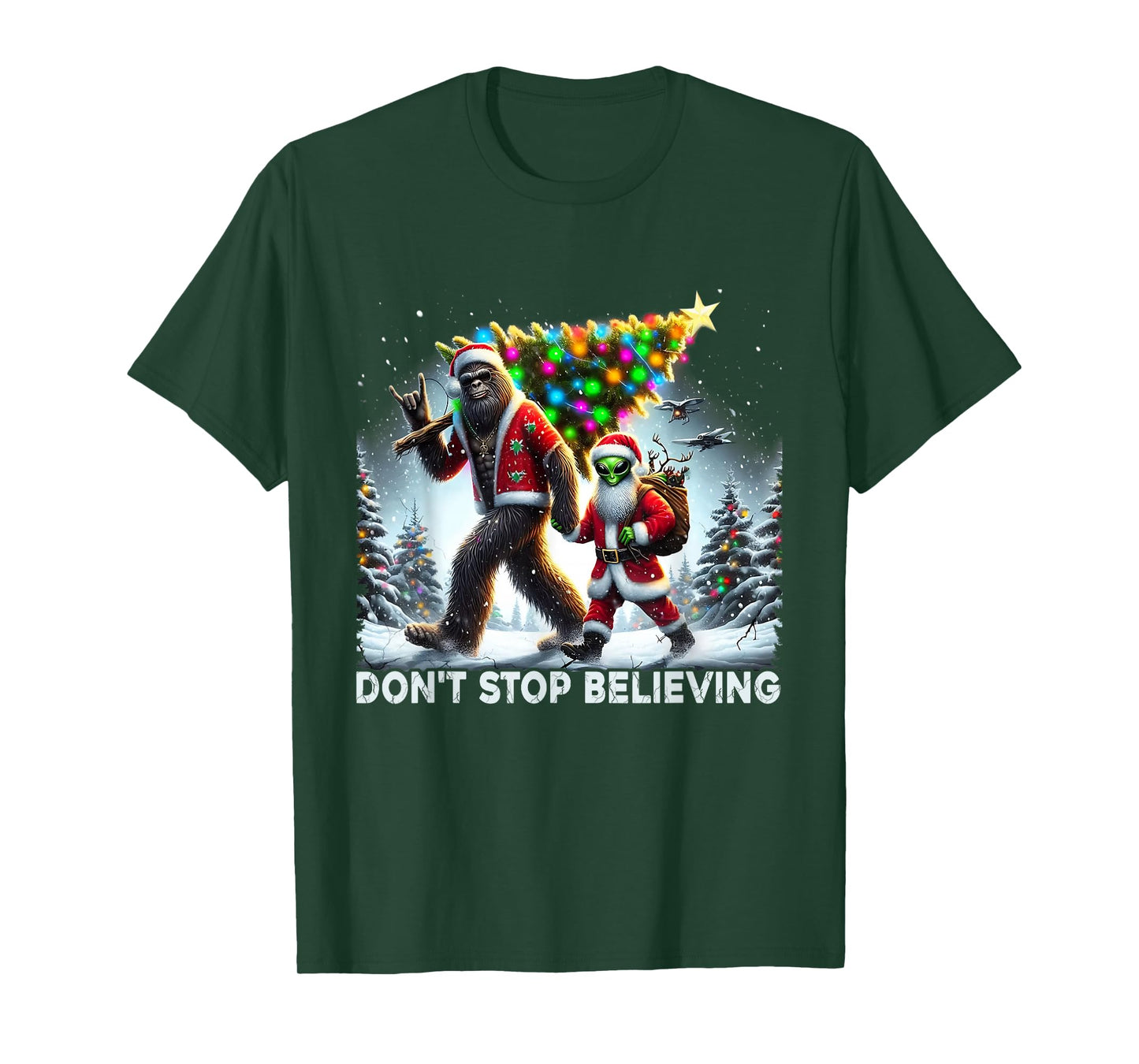 Believe Funny Alien and Santa Christmas Design T-Shirt