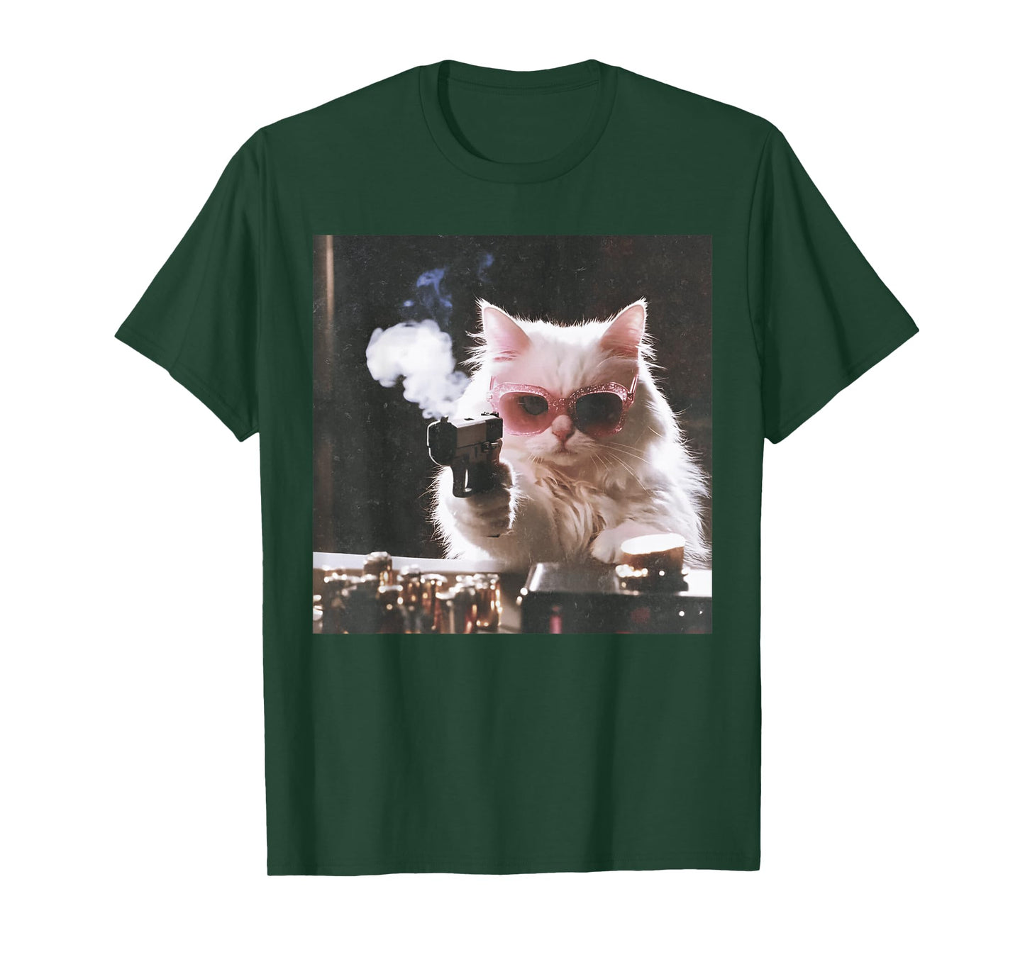 Retro Cool Cat with Gun Pink Sunglasses Cat Meme T-Shirt